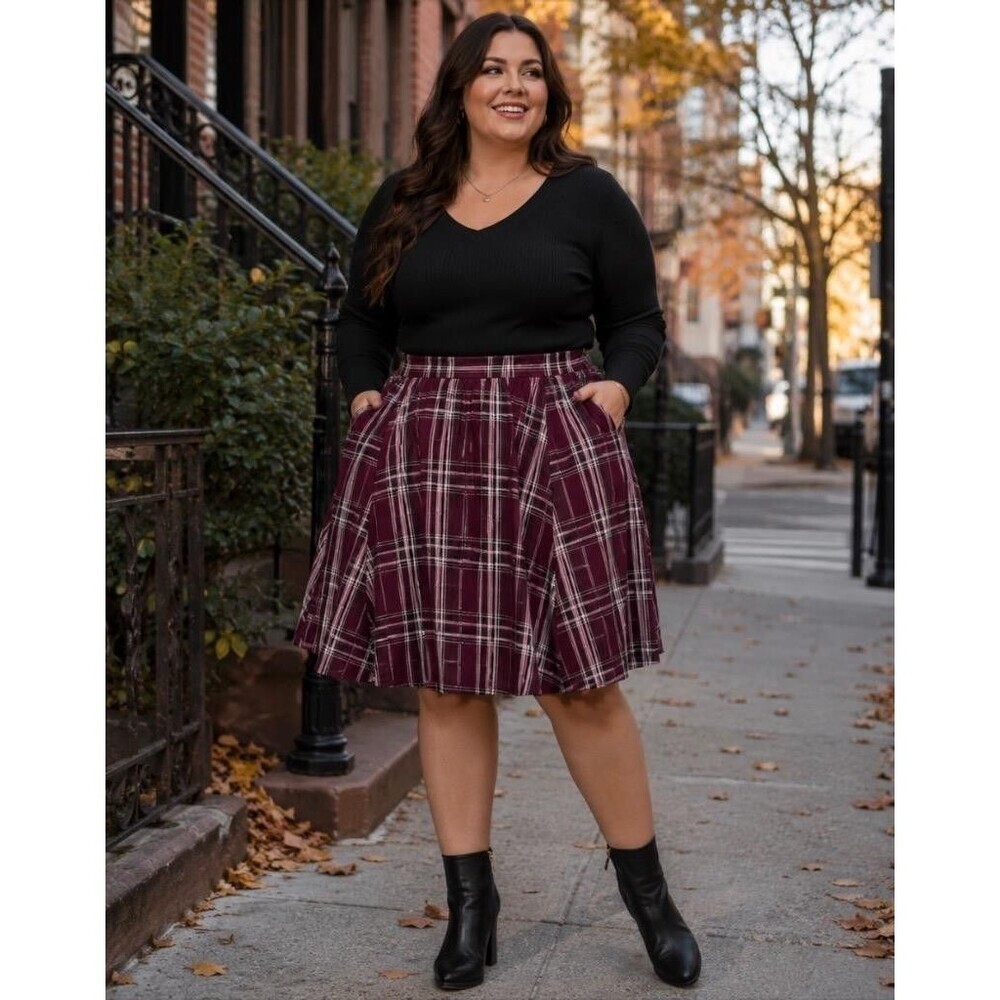 Torrid Skirt Size 24 Burgundy Red Plaid Gored A-Line Flare Elastic Waist Plus